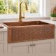 Square Pattern Design Copper Farmhouse Apron Front Kitchen Sink, Single Bowl 16-Gauge Hammered Antique Finish Handmade, 33x22x9 Inch