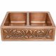 Petal Vine Design Copper Farmhouse Apron Front Kitchen Sink, Double Bowl 16-Gauge Hammered Antique Finish Handmade Basin, 33x22x9 Inch